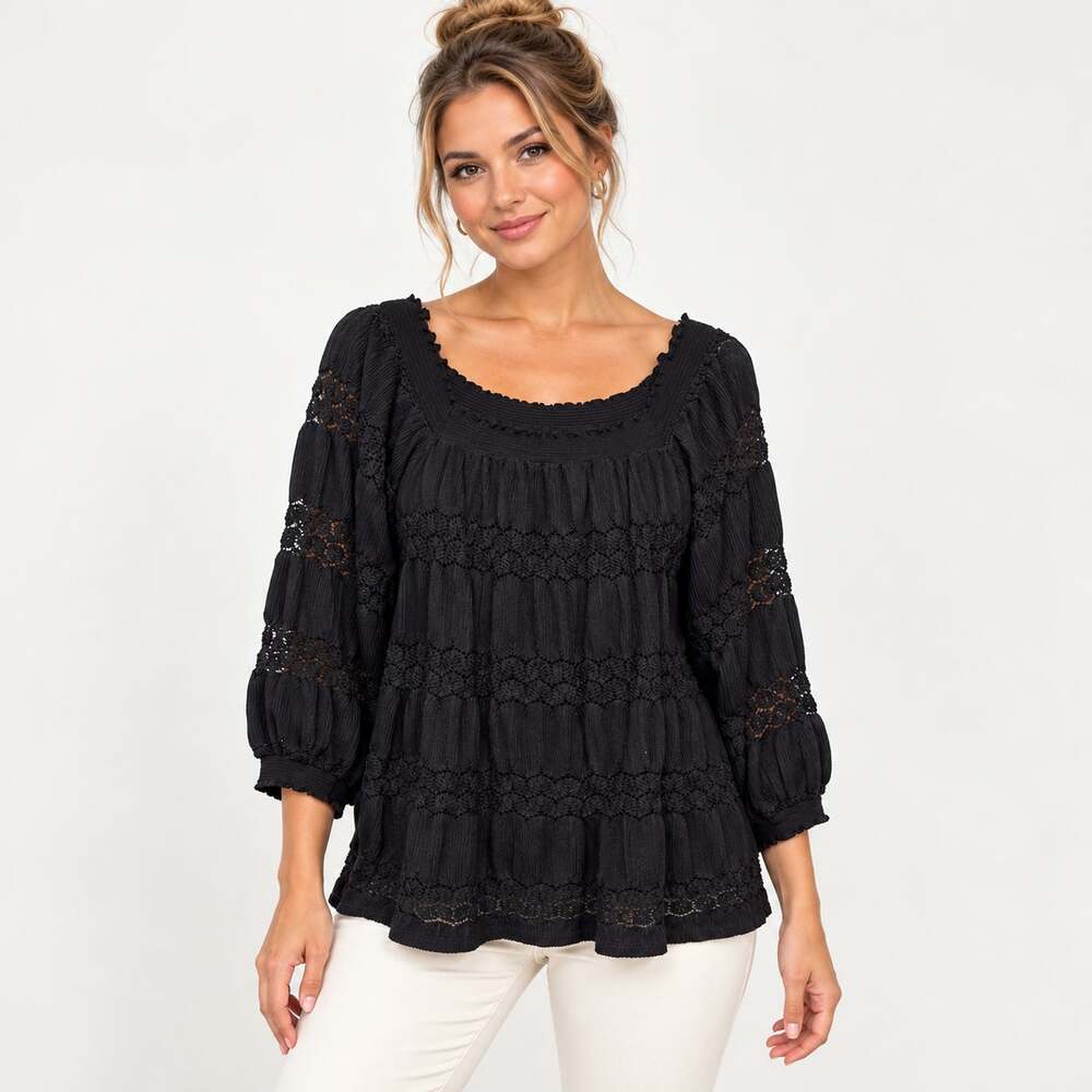 Susan Graver Liquid Knit Blouse Women's Size 2X Black Peasant Boho Whimsygoth